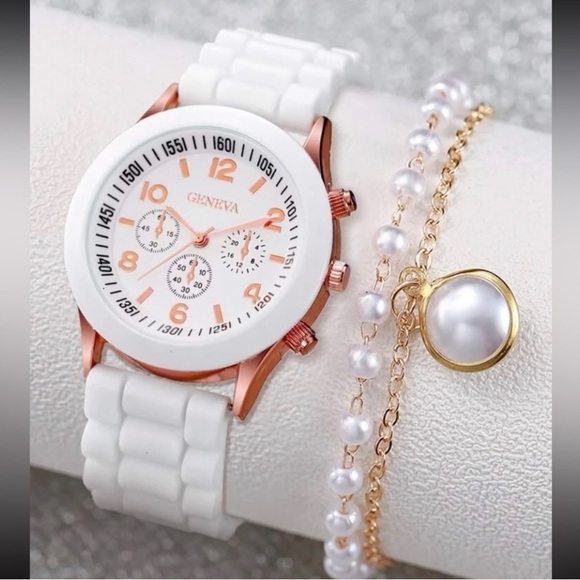 White, Imitation Pearl, & Rose Gold Rhinestone Quartz Bracelet Set - Picture 2 of 3